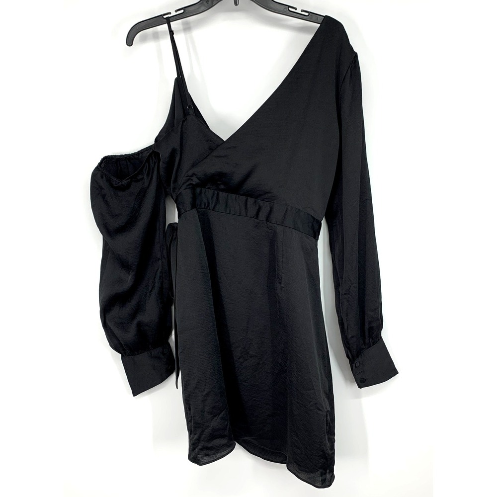 Revolve NBD Dress Aria Black Mini Tie Wrap Long Sleeve Satin NWT Womens Large - Picture 12 of 16